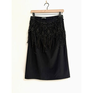 Ischiko Leather Beaded Fringe Layered Skirt Black Lagenlook Size 10